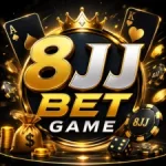 A stylish 3D golden “8JJBet Game” casino-themed logo design with poker chips, playing cards, dice, and glowing luxury effects on a dark background.